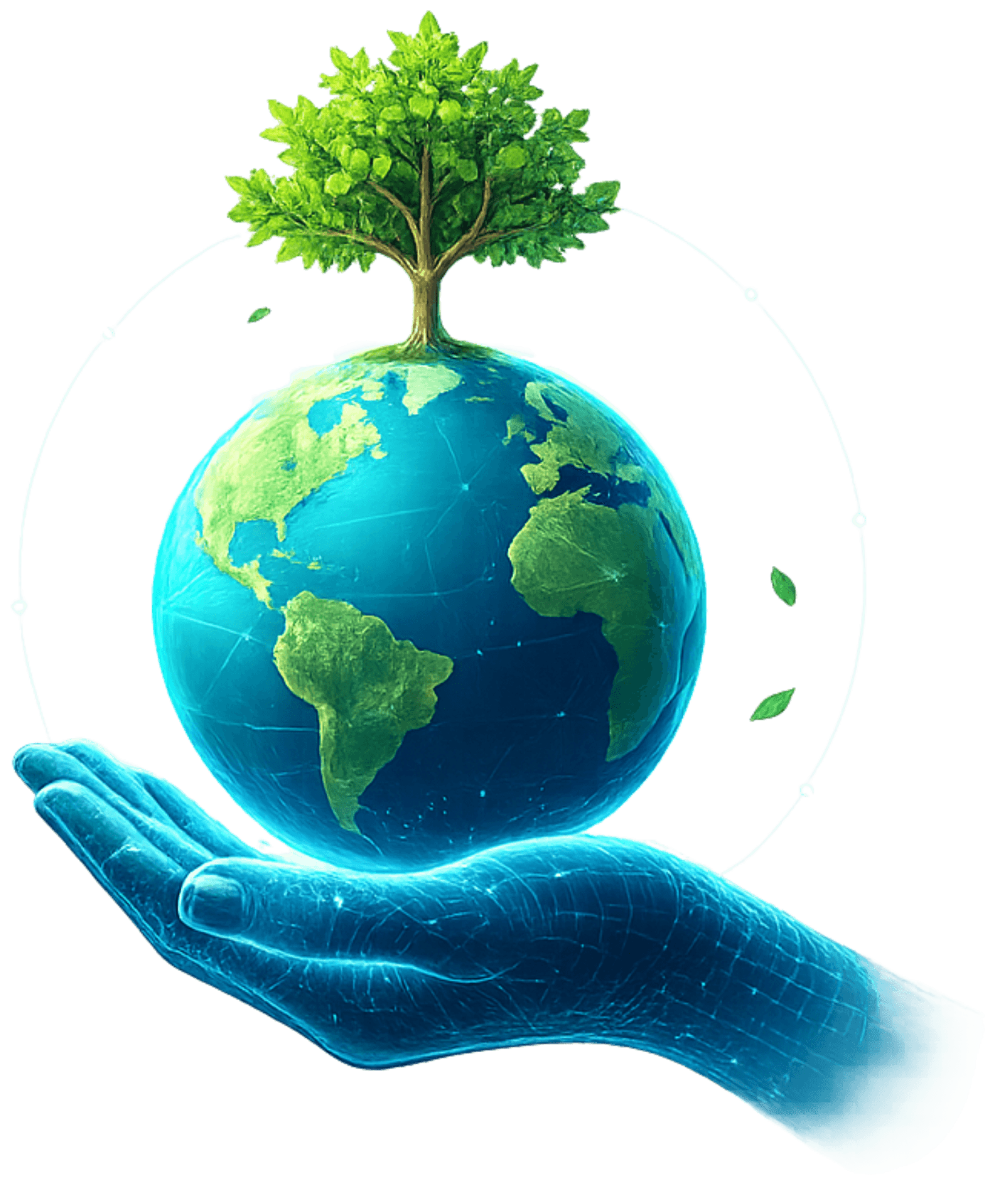 A hand holding a glowing earth with a tree growing from it, representing RID Tech CX's Responsibility to Earth commitment